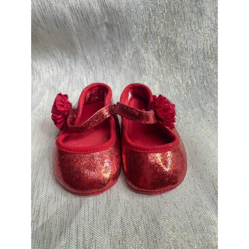 Sparkly Red Glitter Mary Jane Baby Toddler Shoes Flower Detail Size 1